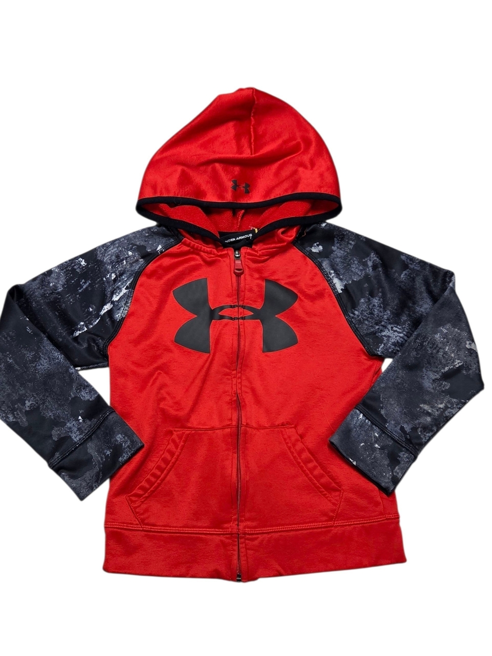 5T Under Armour Red Hooded Full-Zip Sweatshirt with Black Camo Sleeves